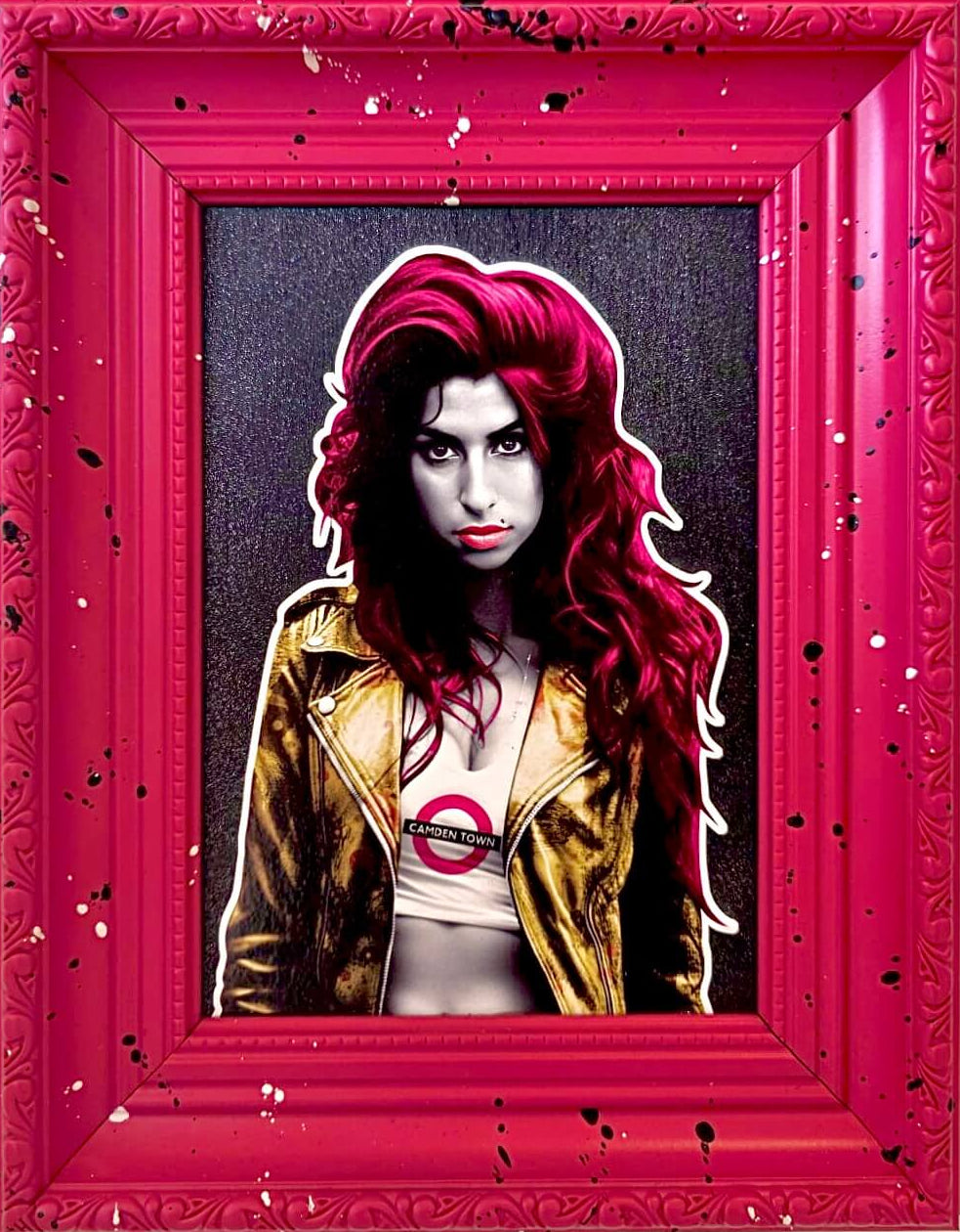 Amy Winehouse artwork by The Postman with red hair and gold jacket against a dark background in a pink frame