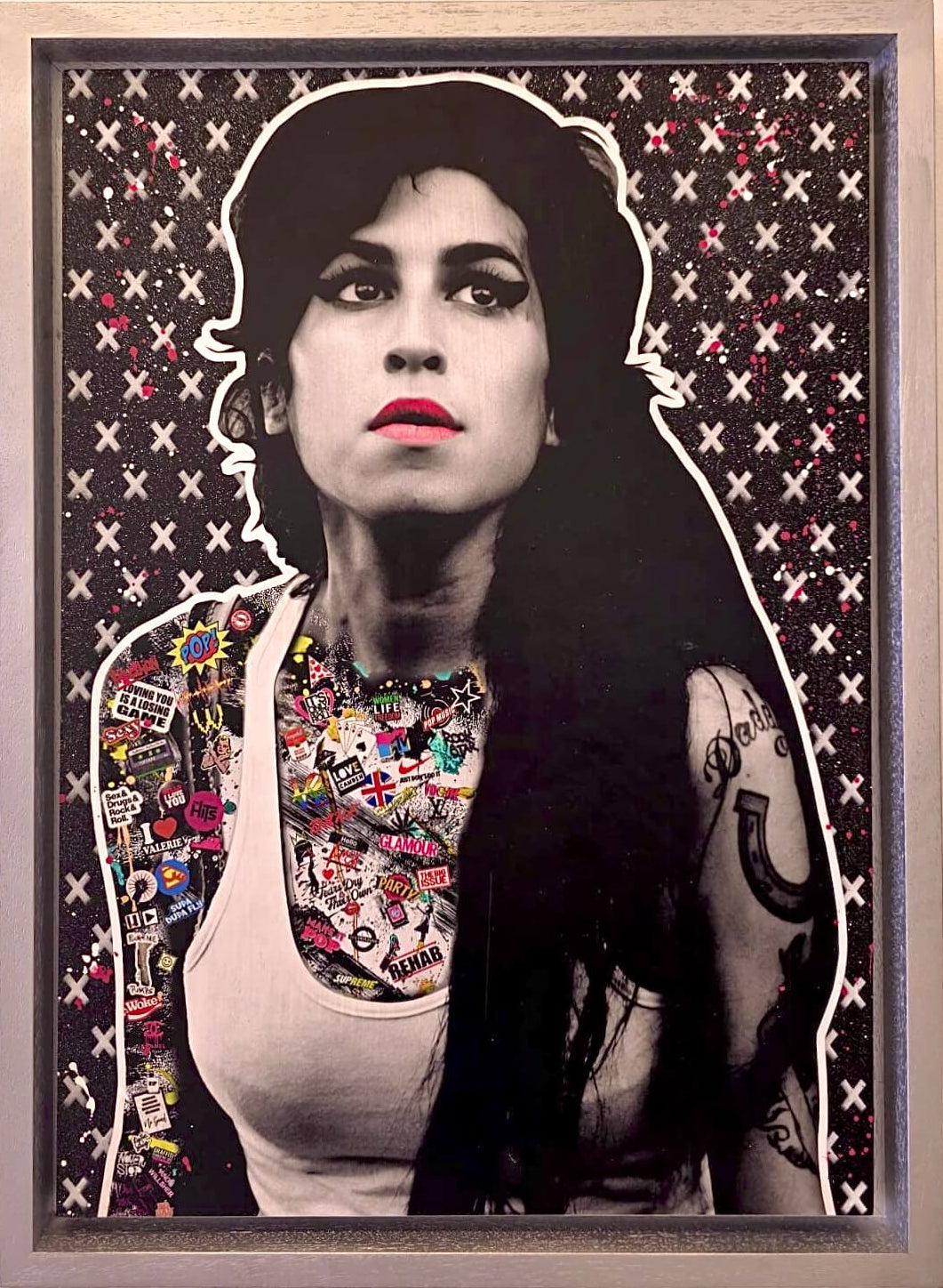 Amy Winehouse portrait by The Postman – colourful artwork with tattoos and patterned background
