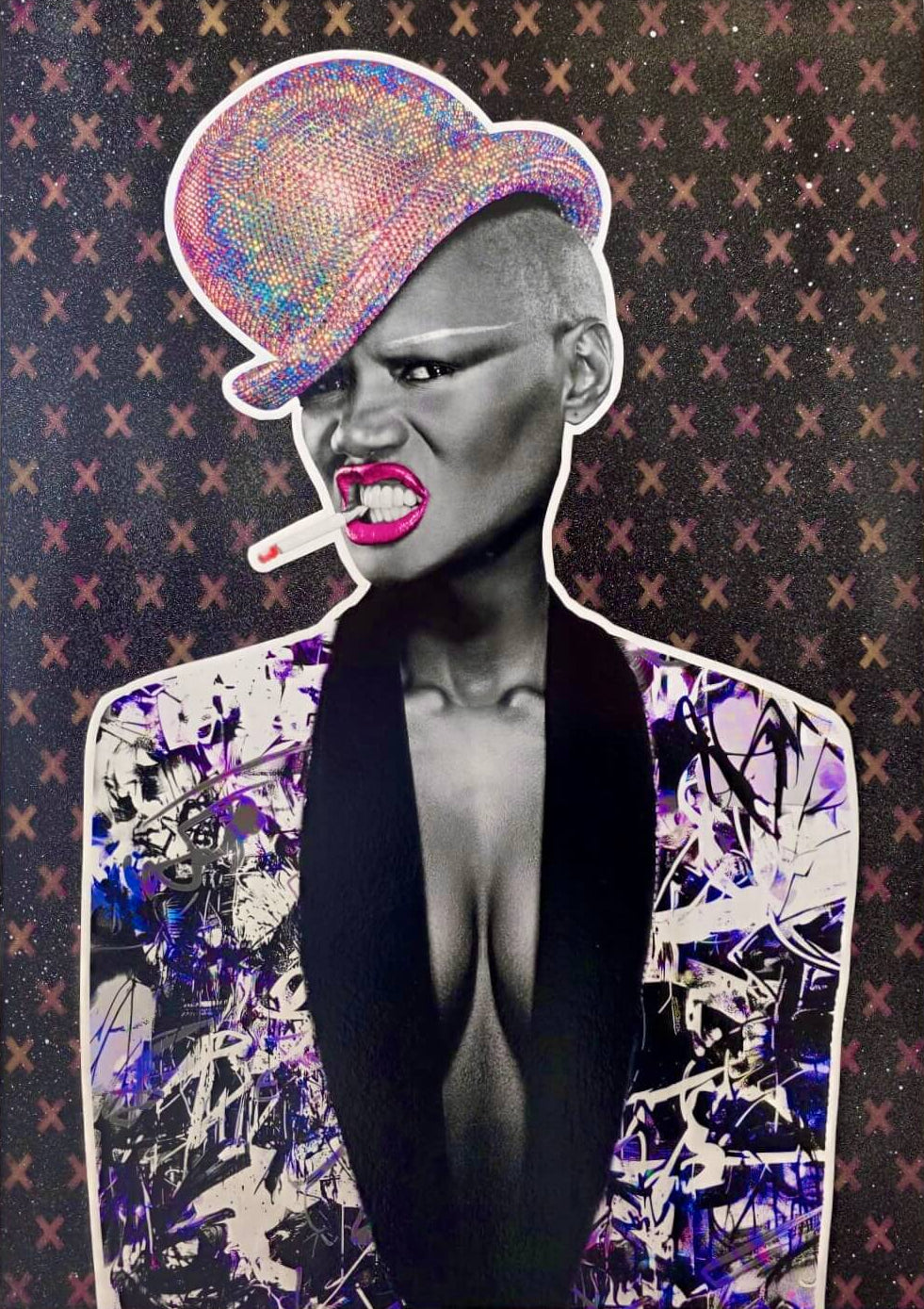 Grace Jones original artwork by The Postman – colourful portrait with hat and jacket on a patterned background
