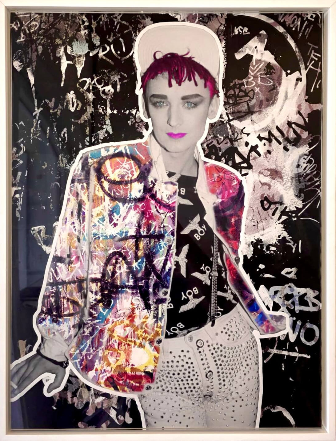 Boy George original artwork by The Postman featuring collage art pink hair and coulorful jacket on black background