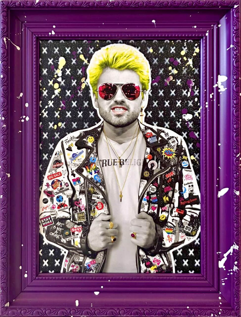 George Michael artwork by The Postman with colourful jacket and sunglasses in a purple frame