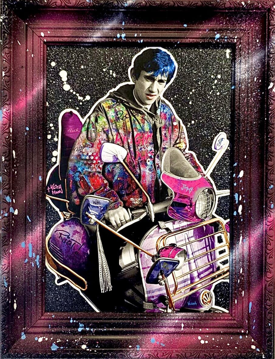 Quadrophenia artwork by The Postman – colourful portrait with clothing and accessories on dark background.