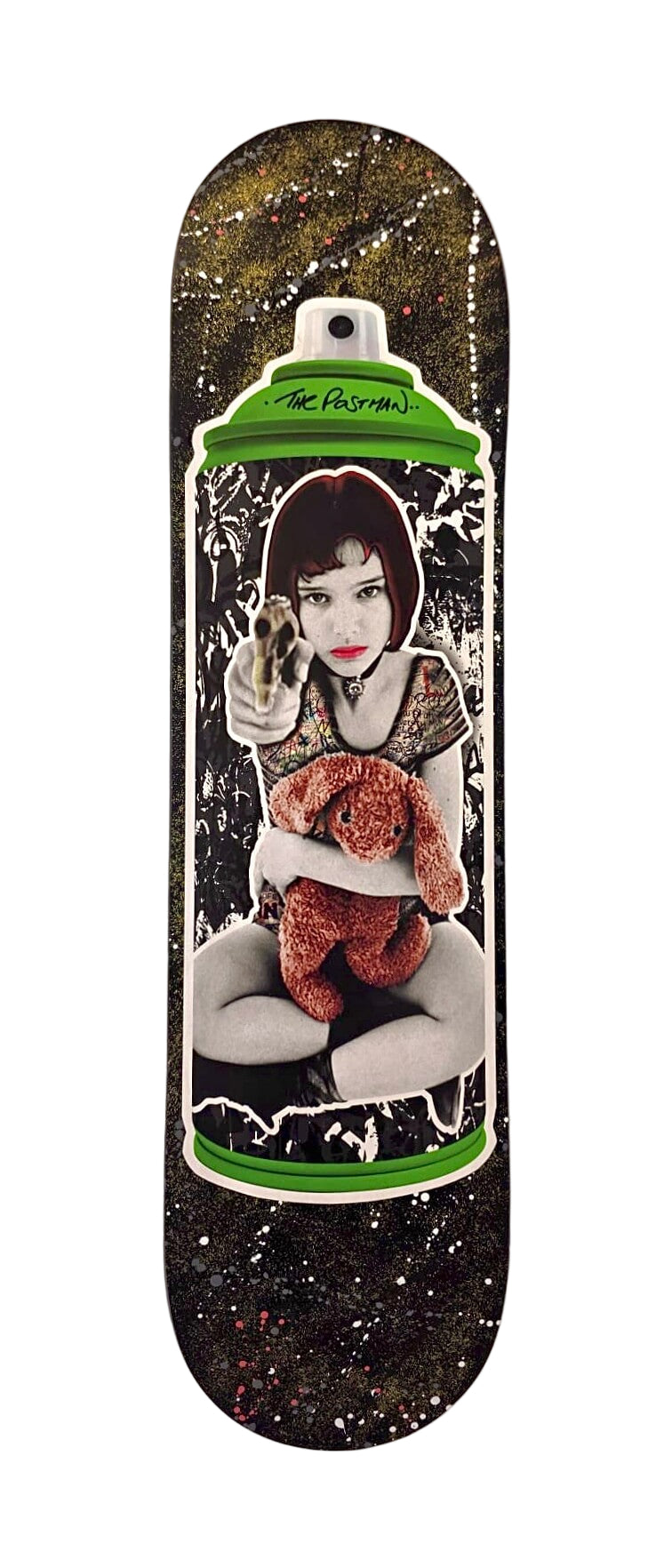 Natalie Portman artwork by The Postman on skateboard deck – holding teddy bear on white background
