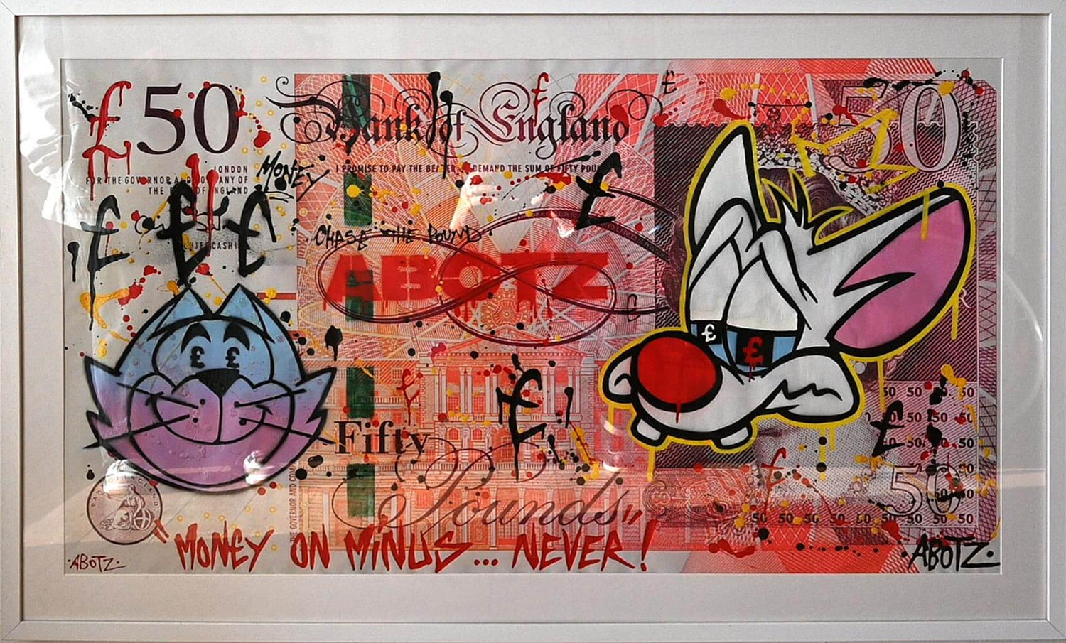 Abotz artwork – 50 pound banknote illustration with Top Cat and Pinky & the Brain in red, yellow, and purple