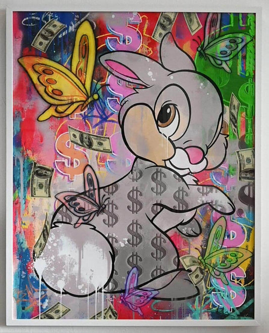 Thumper artwork by Ben Allen featuring dollar signs, butterflies, and vibrant green, pink, and blue paint splat background.