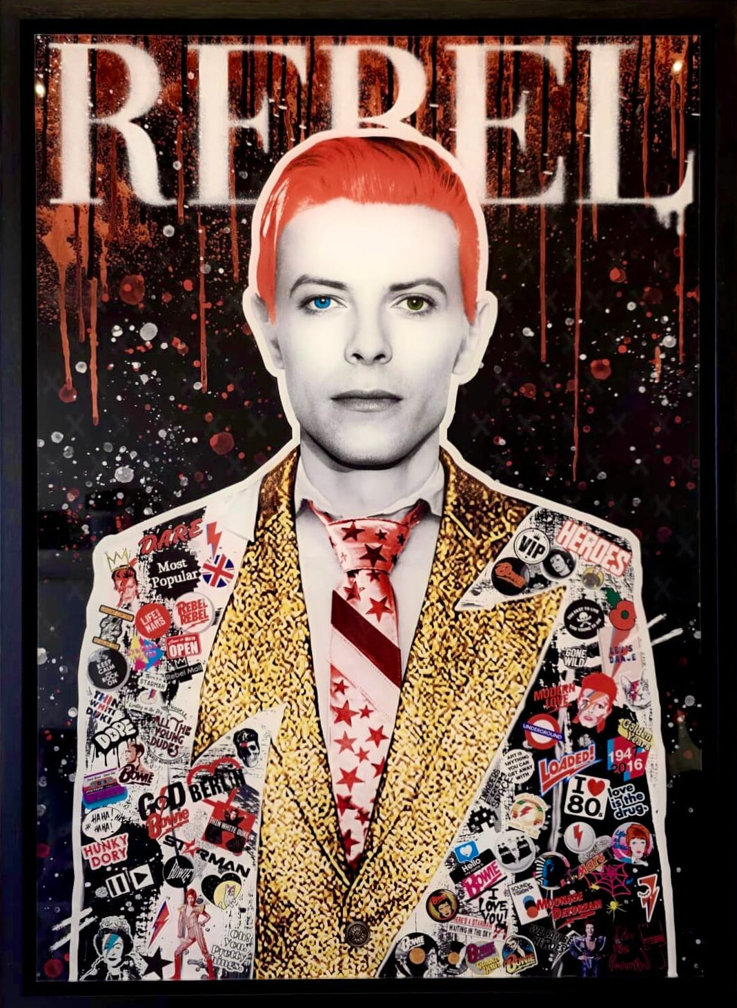 David Bowie original artwork by The Postman – colourful portrait with red hair, patch jacket, and ‘REBEL’ text above
