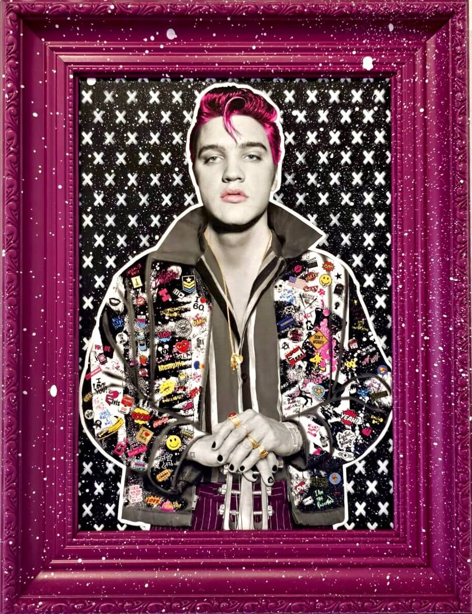 Elvis Presley artwork by The Postman – vibrant portrait with colourful patterns and purple frame