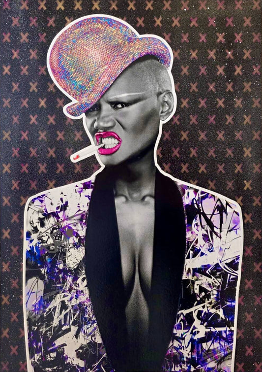 Grace Jones original artwork by The Postman – colourful portrait with hat and jacket on a patterned background
