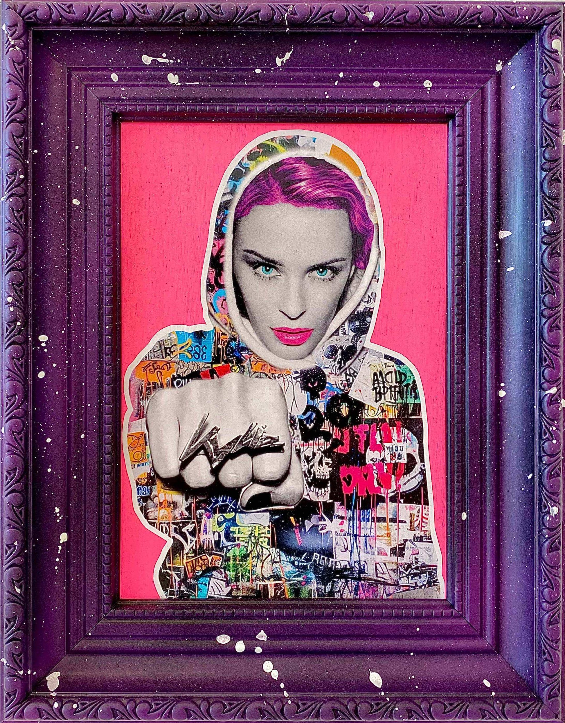 Kylie Minogue artwork by The Postman – vibrant portrait with colourful jacket on pink background with purple frame
