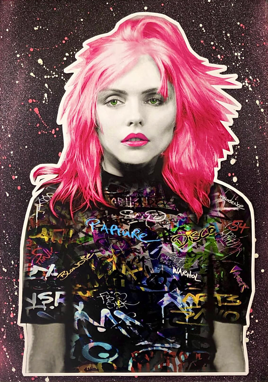 Debbie Harry artwork by The Postman – portrait with pink hair, colourful graphic T-shirt on black background