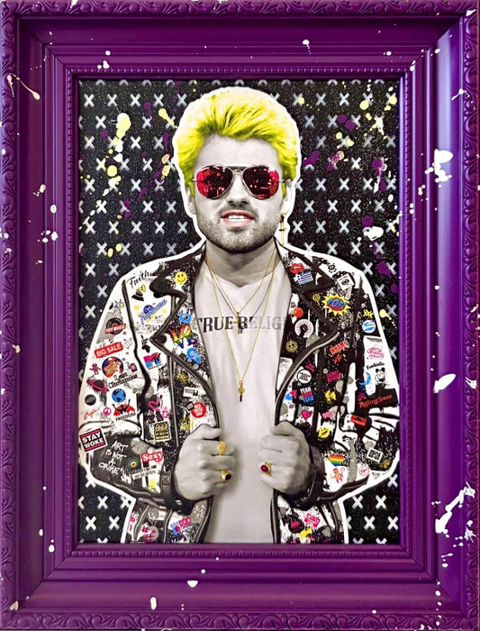 George Michael artwork by The Postman with colourful jacket and sunglasses in a purple frame