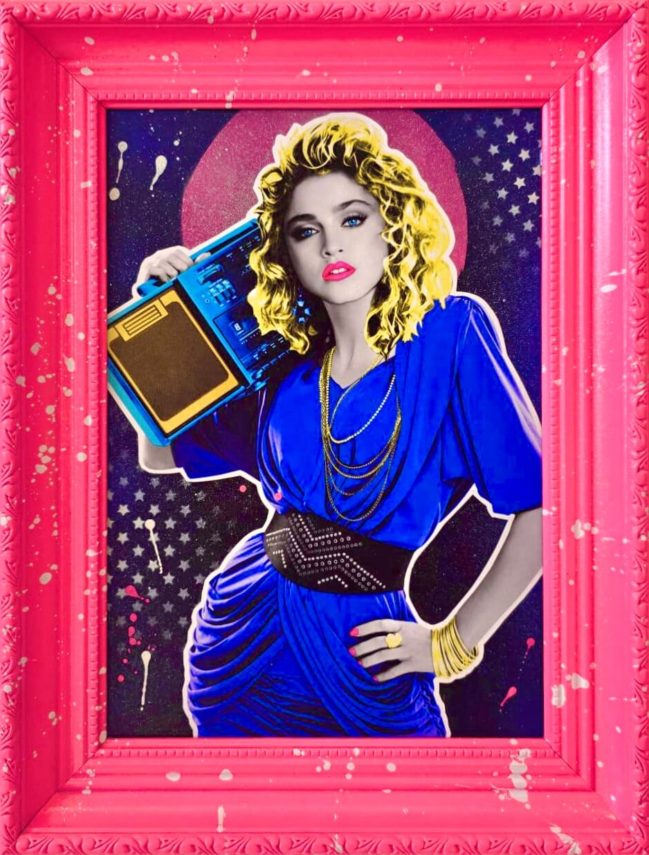 Madonna artwork by The Postman in a blue dress holding a blue radio against a purple background in a pink frame 